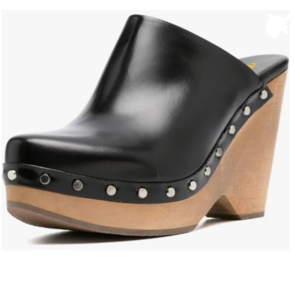 FYS Black Women Round Toe Slip on Mules Rivet Studded High Heel Wedges Shoes